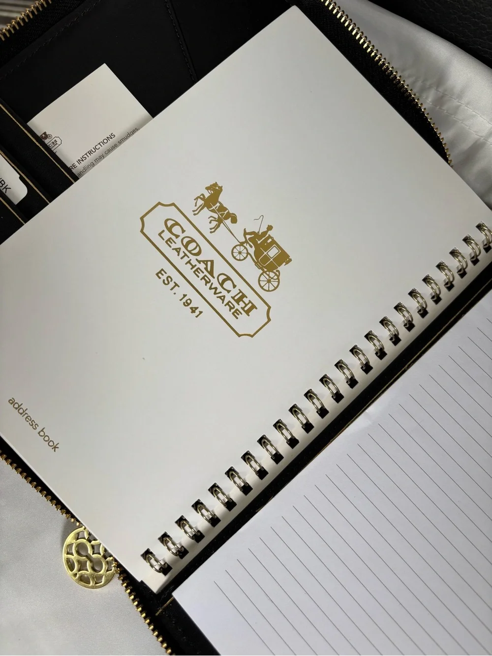Coach Black Zip Notebook Folio with Gold Accents